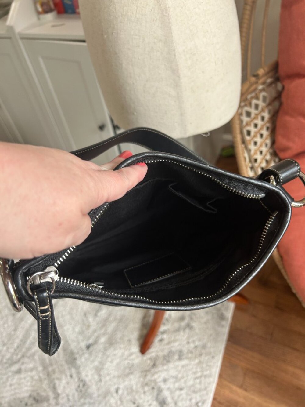 Coach Signature Shoulder Bag | Black Monogram Canvas Leather Buckle Accent - Picture 11 of 13